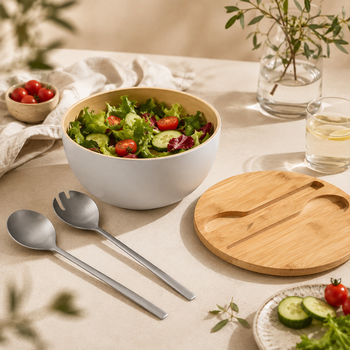 Bamboo Fiber Salad Bowl Set with Lid & Servers – 9.8"