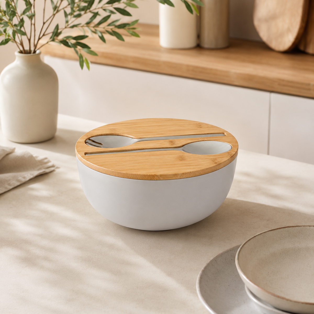 Bamboo Fiber Salad Bowl Set with Lid & Servers – 9.8"