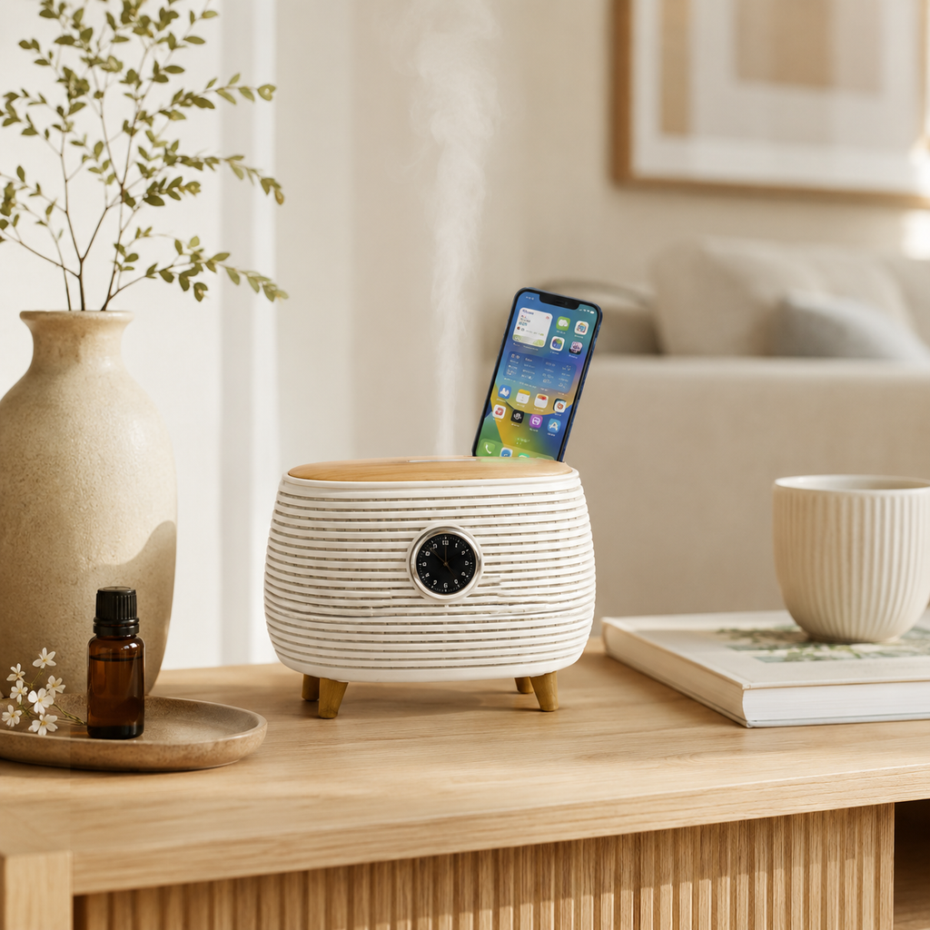 Wood-Grain Aromatherapy Diffuser with Bluetooth Speaker & Clock